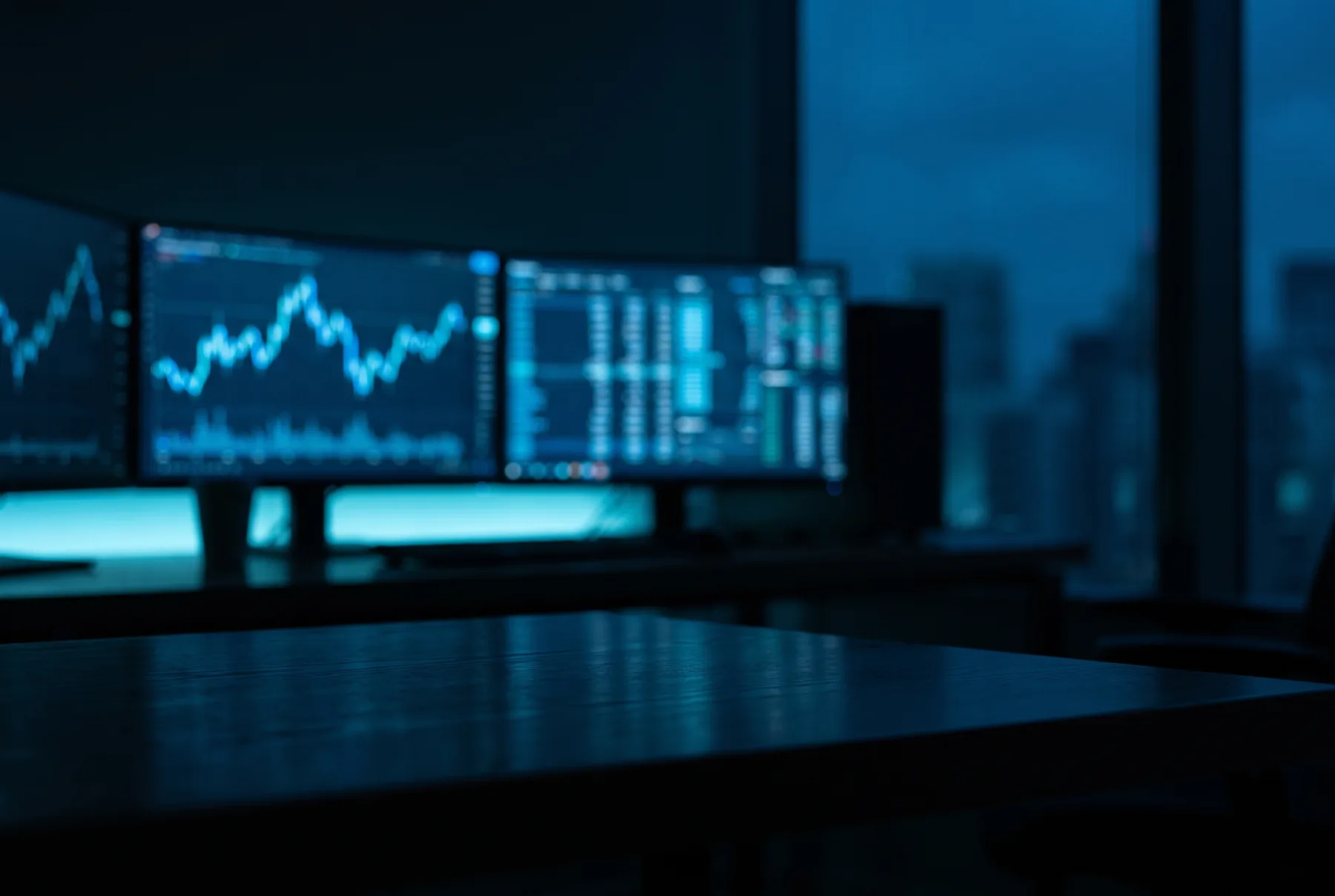 Escritorio de operación con gráficos de mercado en penumbra
